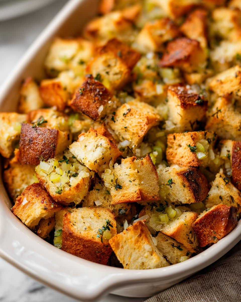 Close-up of a baking dish filled with golden-brown homemade stuffing recipe, featuring toasted bread cubes and herbs.