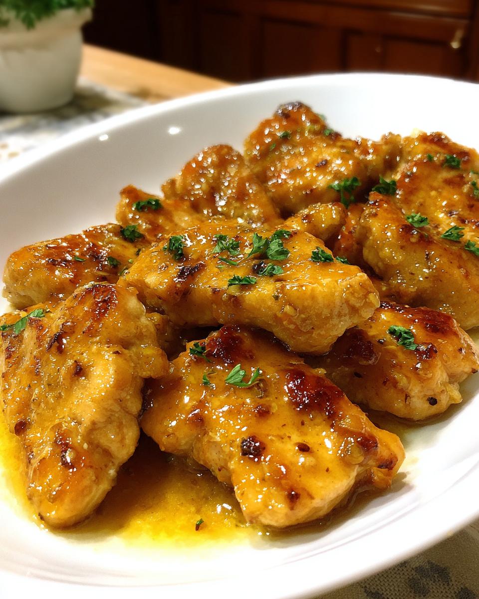 Close-up of golden honey glazed chicken bites, garnished with fresh parsley, perfect for chicken recipes for dinner.