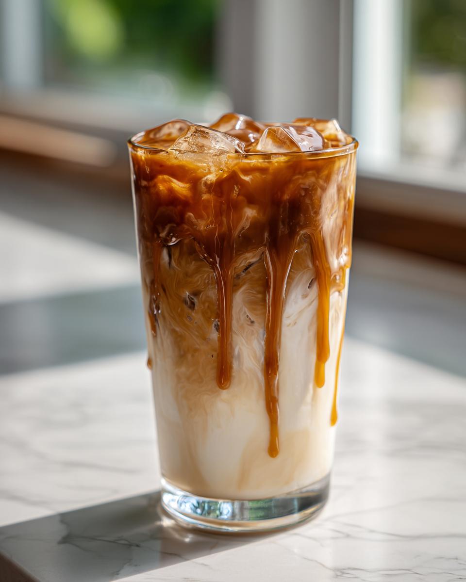 A tall glass filled with ice, milk, and espresso, drizzled with caramel sauce. A homemade Starbucks drink.
