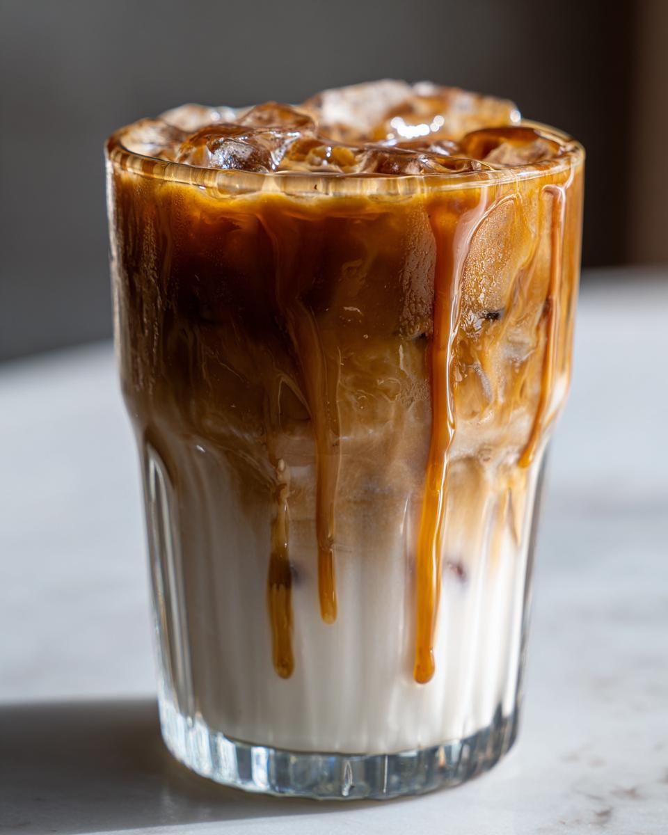 Close-up of an iced caramel macchiato, a Starbucks drink, with creamy milk, ice, and caramel drizzle.
