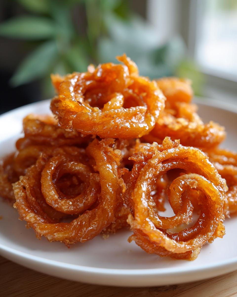 A close-up of a pile of golden-brown jalebi, a popular sweet snack, perfect for New Years snacks.