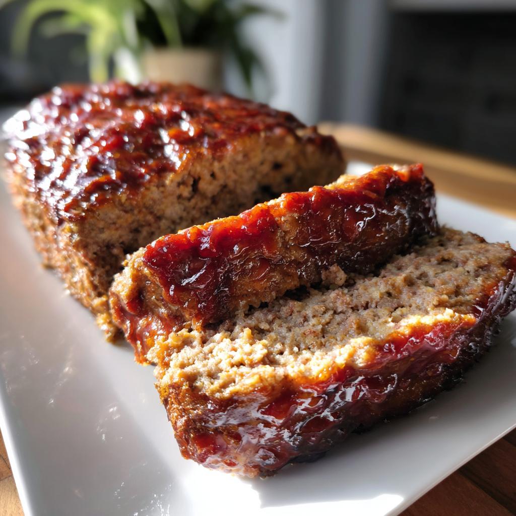 Close-up of a juicy 2-meat meatloaf recipe, sliced and topped with a glistening glaze.