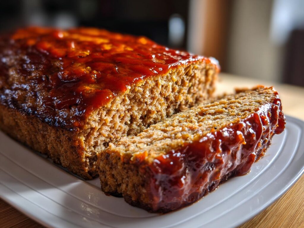 A close-up of a juicy 2-meat meatloaf recipe, sliced and topped with a glistening, irresistible glaze.