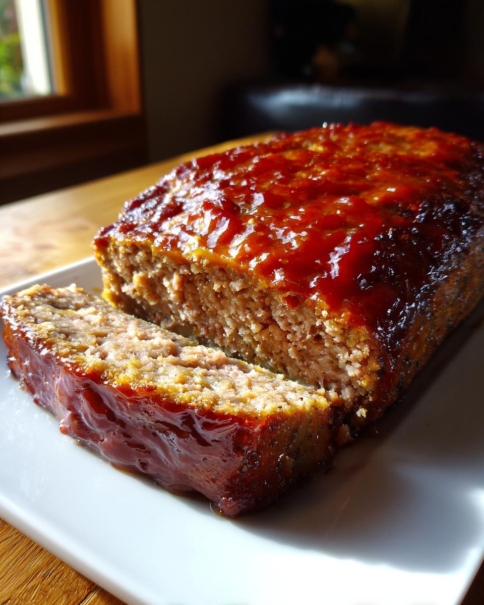 A slice of juicy 2-meat meatloaf recipe covered in a glistening, irresistible glaze.