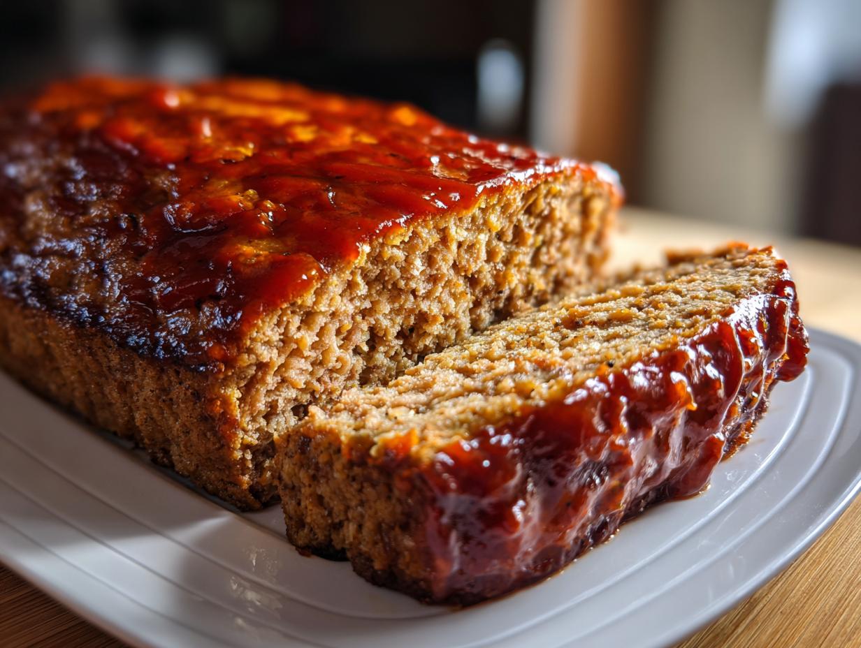 A close-up of a juicy 2-meat meatloaf recipe, sliced and topped with a glistening, irresistible glaze.