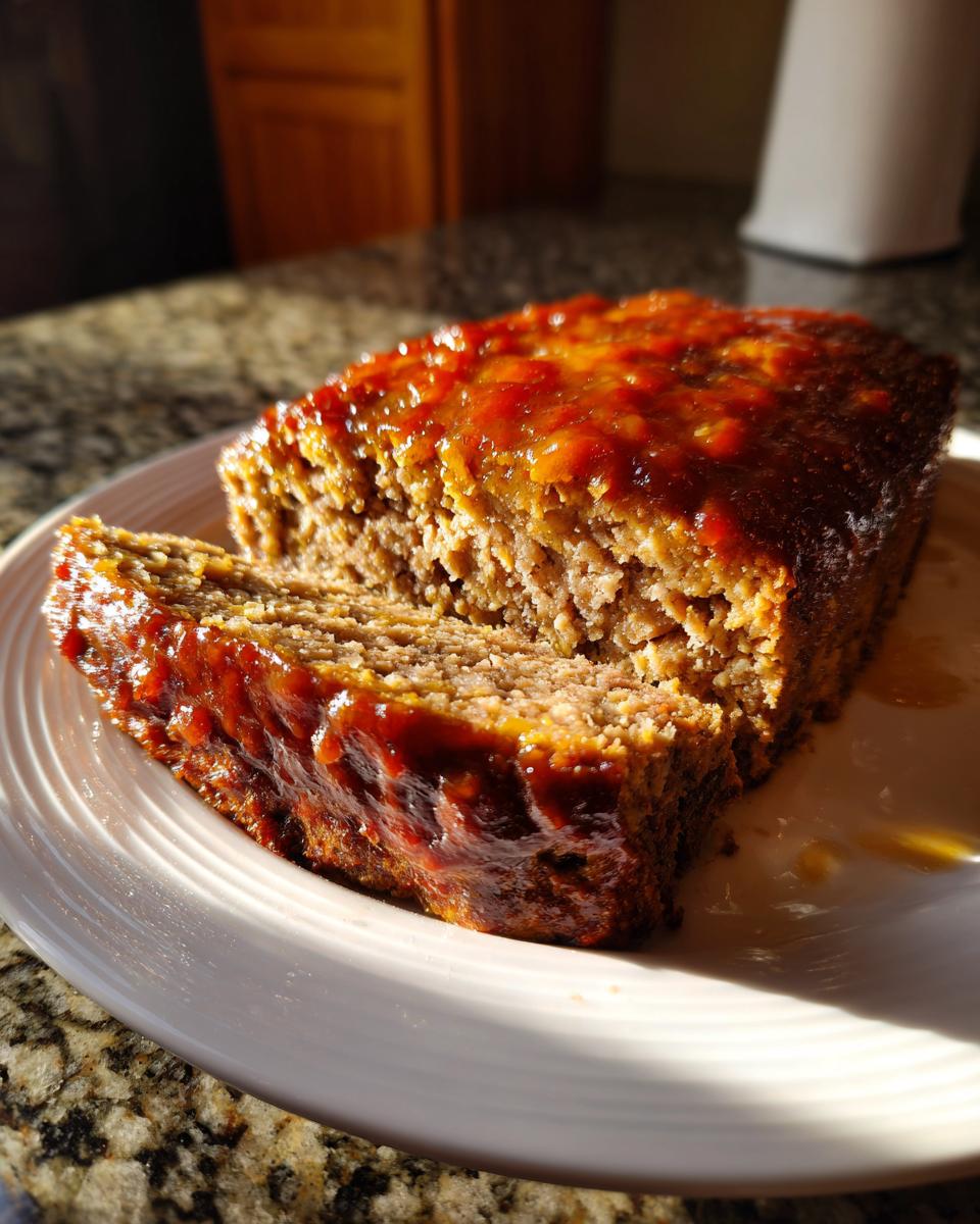 A slice of juicy 2-meat meatloaf recipe with a glistening, irresistible glaze on a white plate.