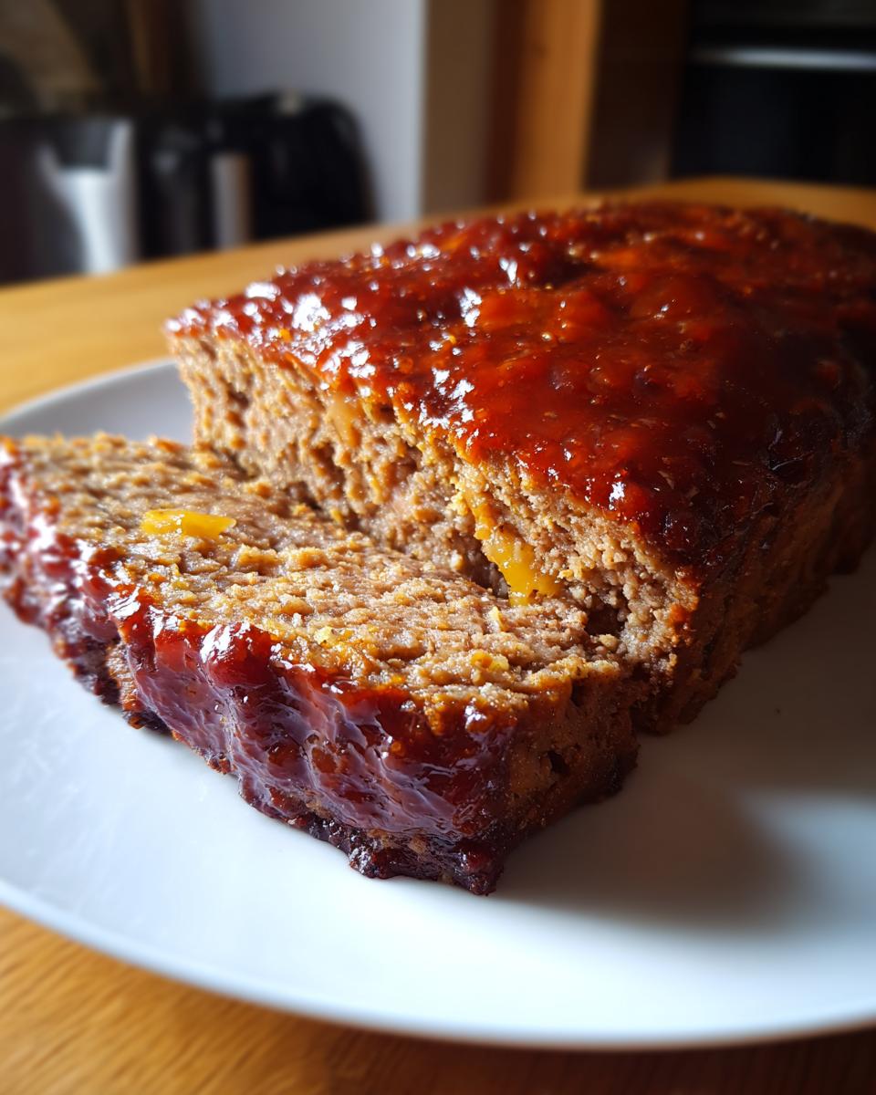 A close-up of a slice of juicy 2-meat meatloaf recipe, topped with a glossy, rich glaze.