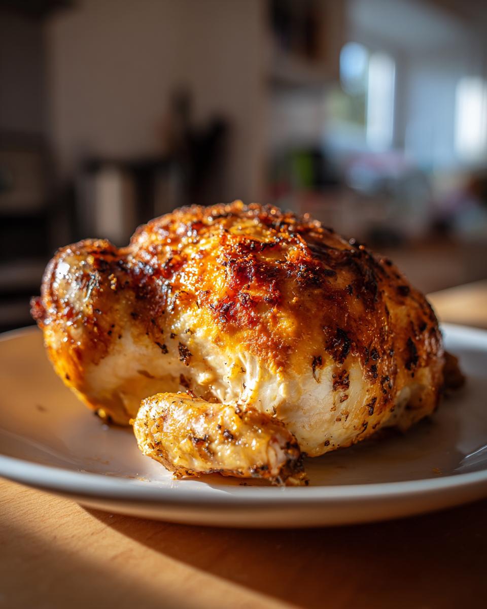 A perfectly roasted whole chicken with crispy skin, seasoned and ready to serve.