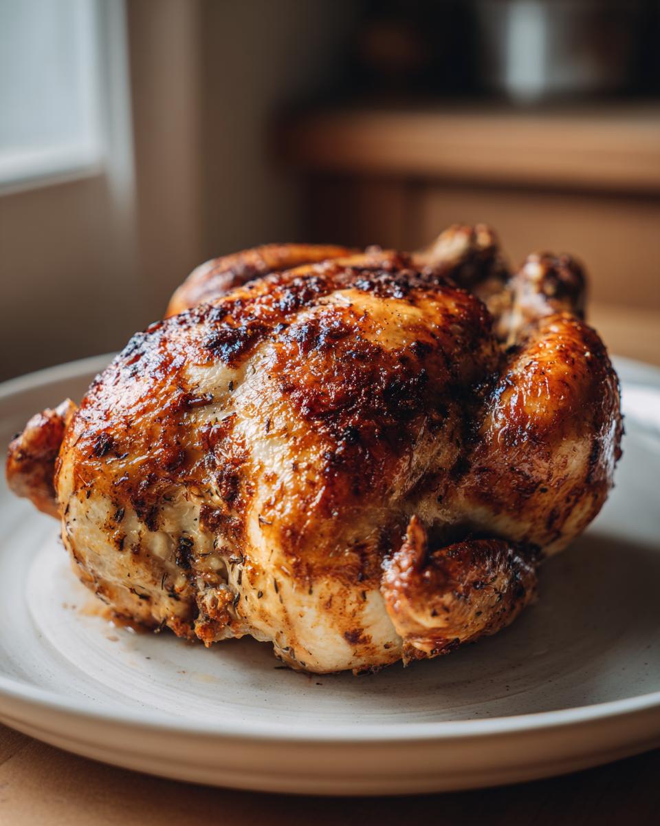 A whole roasted chicken with crispy golden-brown skin, seasoned with herbs, served on a white plate.
