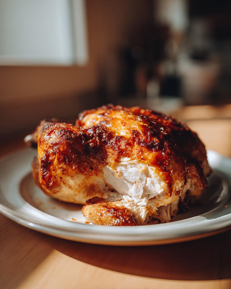 A perfectly roasted whole chicken with crispy golden-brown skin, resting on a white plate. The chicken is slightly carved, revealing moist white meat.