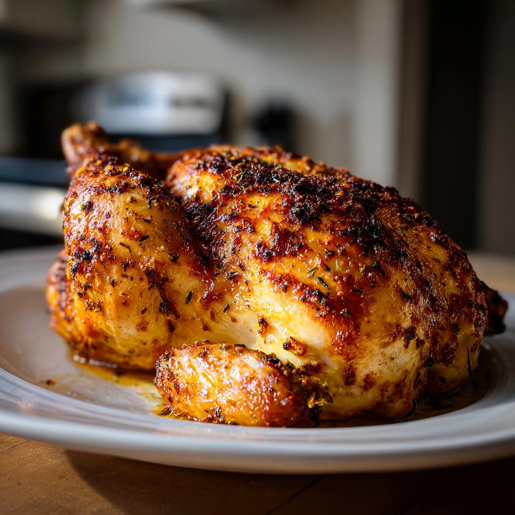 A whole roasted chicken with crispy, golden-brown skin, seasoned with herbs and spices, ready to be served.