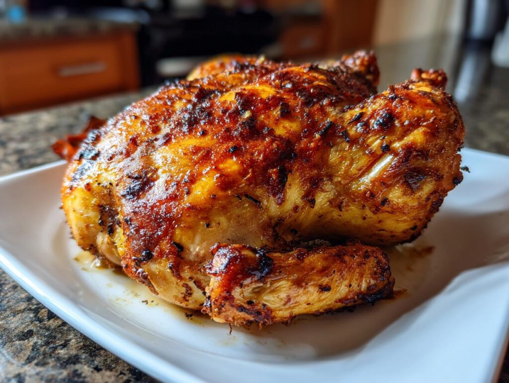 A perfectly roasted, juicy 3-ingredient chicken with crispy, golden-brown skin, served on a white platter.