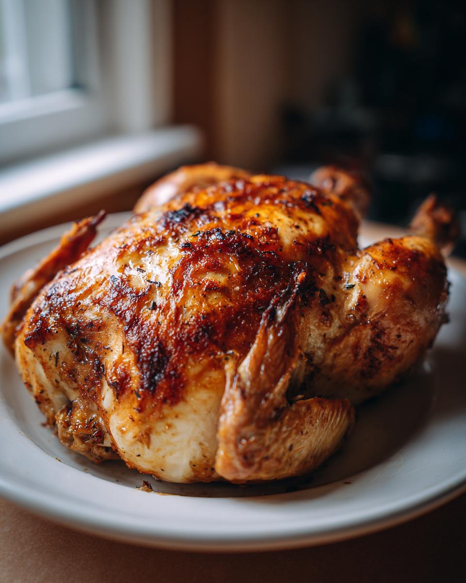 A perfectly roasted whole chicken with crispy golden-brown skin, seasoned with herbs.