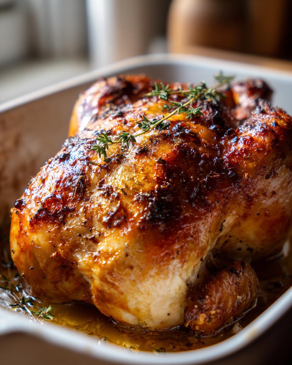 A perfectly roasted whole chicken with crispy golden-brown skin, garnished with fresh thyme, in a white baking dish.
