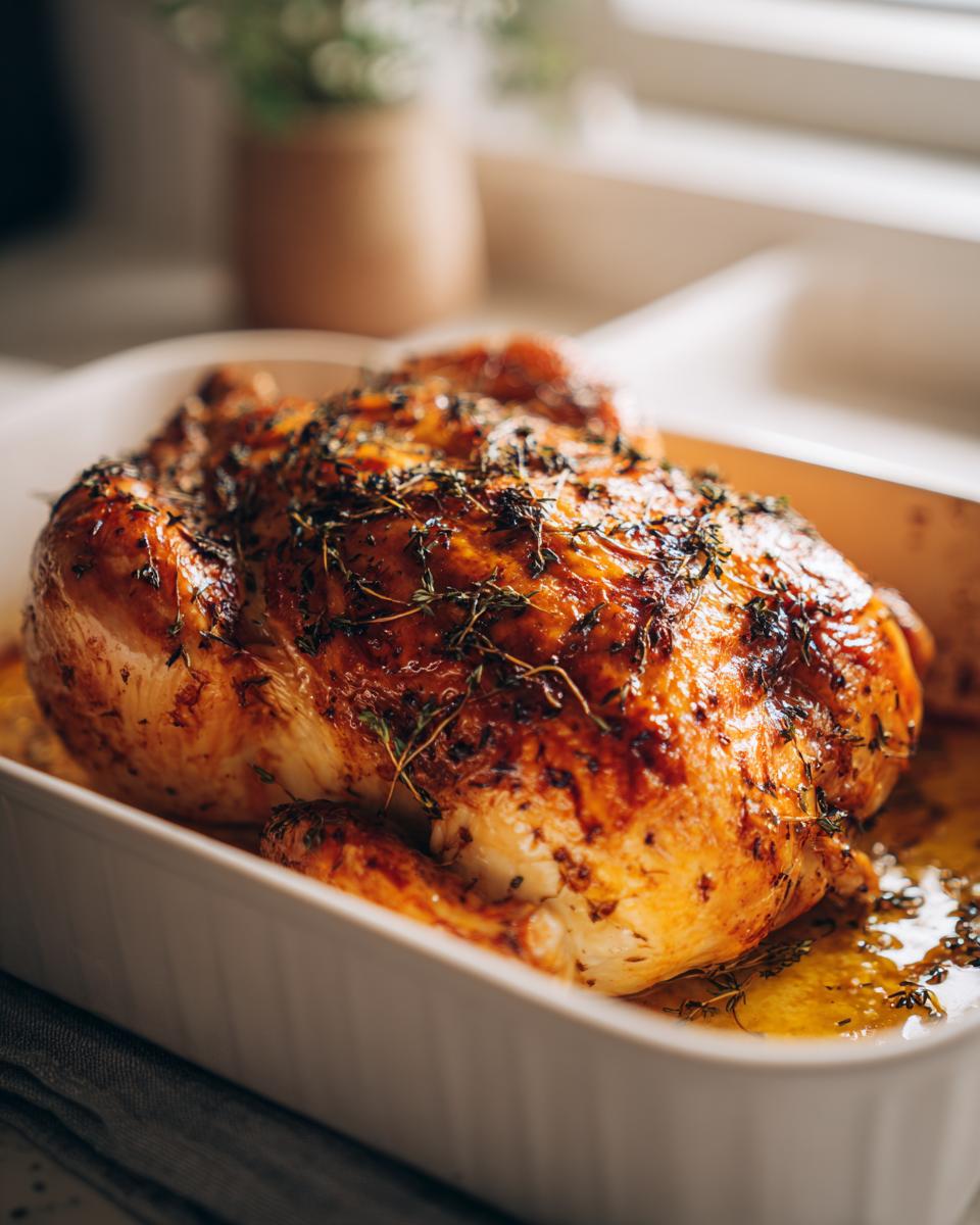 A whole roasted chicken, glistening and golden brown, seasoned with herbs, in a white baking dish. A simple yet elegant chicken recipe.
