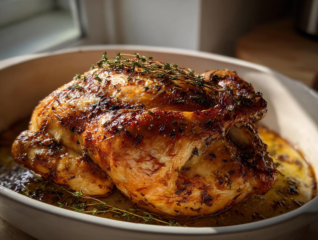 A perfectly roasted whole chicken, glistening with herbs and juices, presented in a white baking dish.