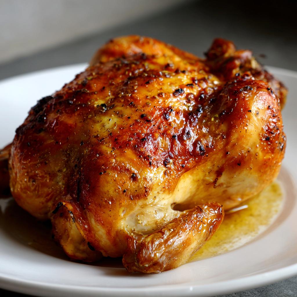 A whole, golden-brown roasted chicken seasoned with herbs and spices, resting on a white plate with juices.