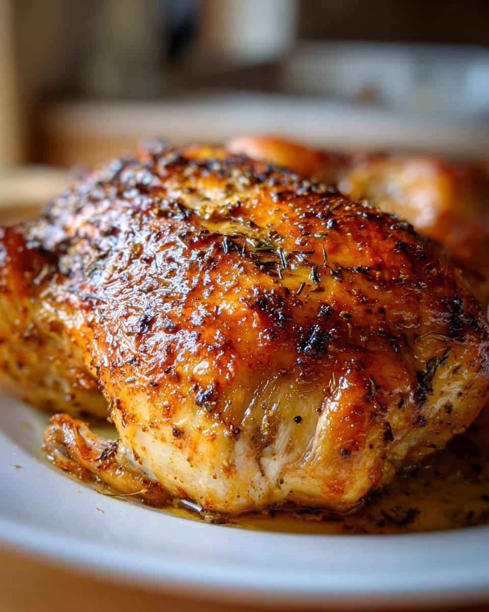 Close-up of a perfectly roasted whole chicken, glistening with juices and herbs.