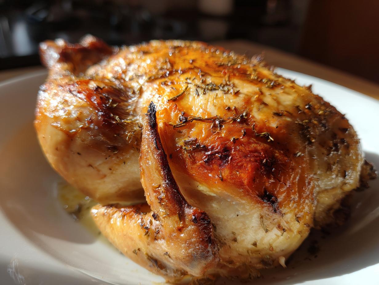 A close-up of a perfectly roasted chicken, golden brown and seasoned with herbs.