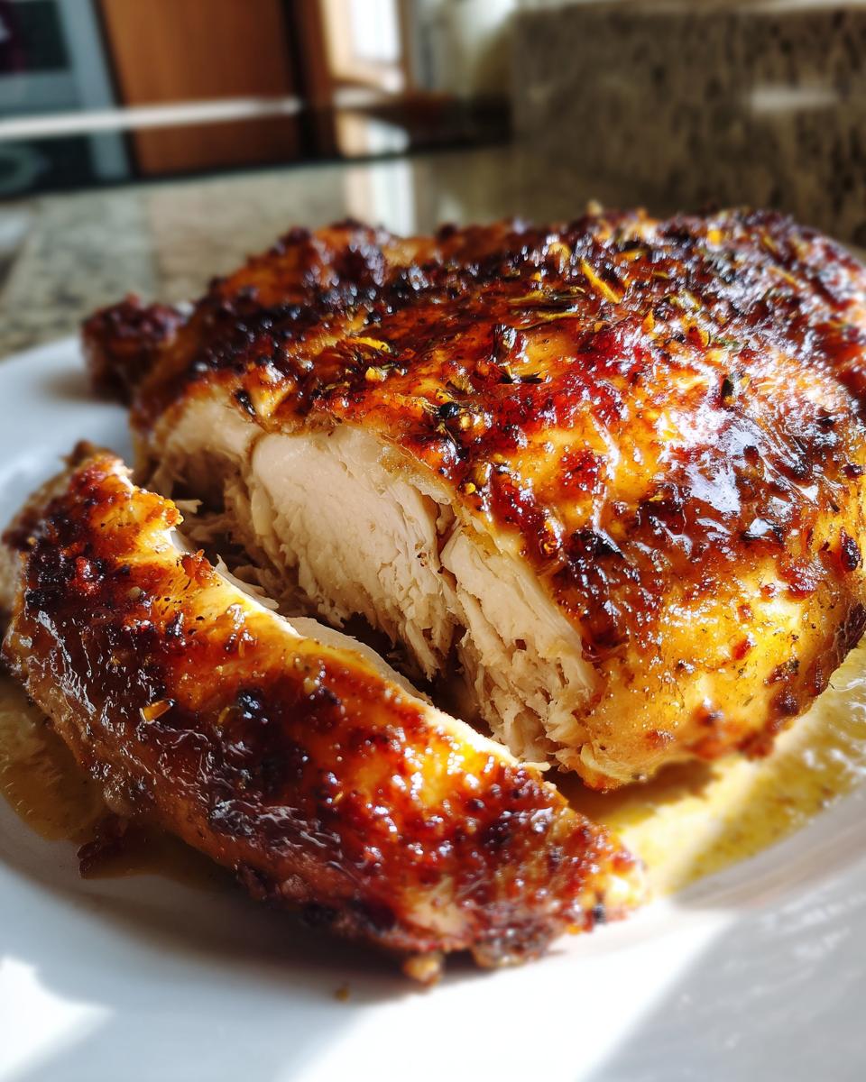 Close-up of juicy baked chicken with crispy seasoned skin on a white plate