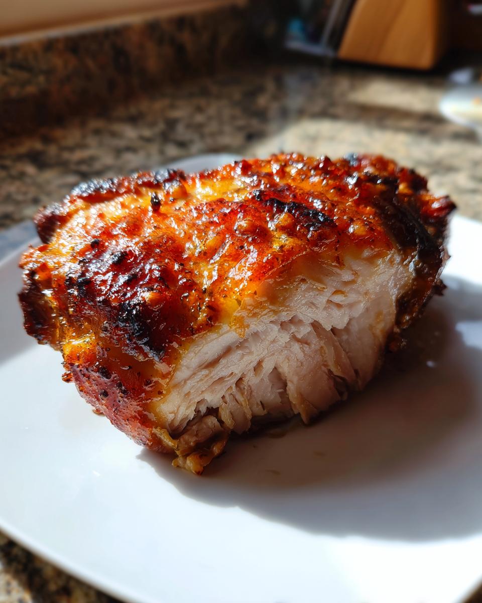 Close-up of a juicy baked chicken breast with crispy browned skin on a white plate.