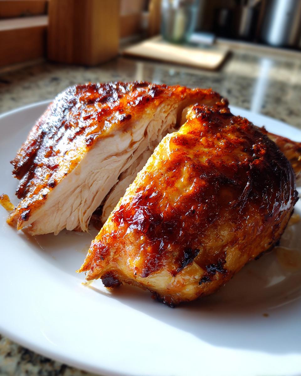 Close-up of a juicy baked chicken breast with crispy golden-brown skin on a white plate