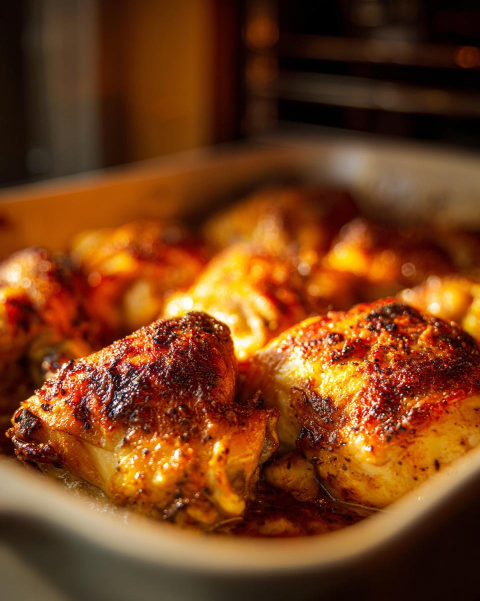 Close-up of golden-brown, juicy baked chicken pieces with crispy skin in a baking dish.