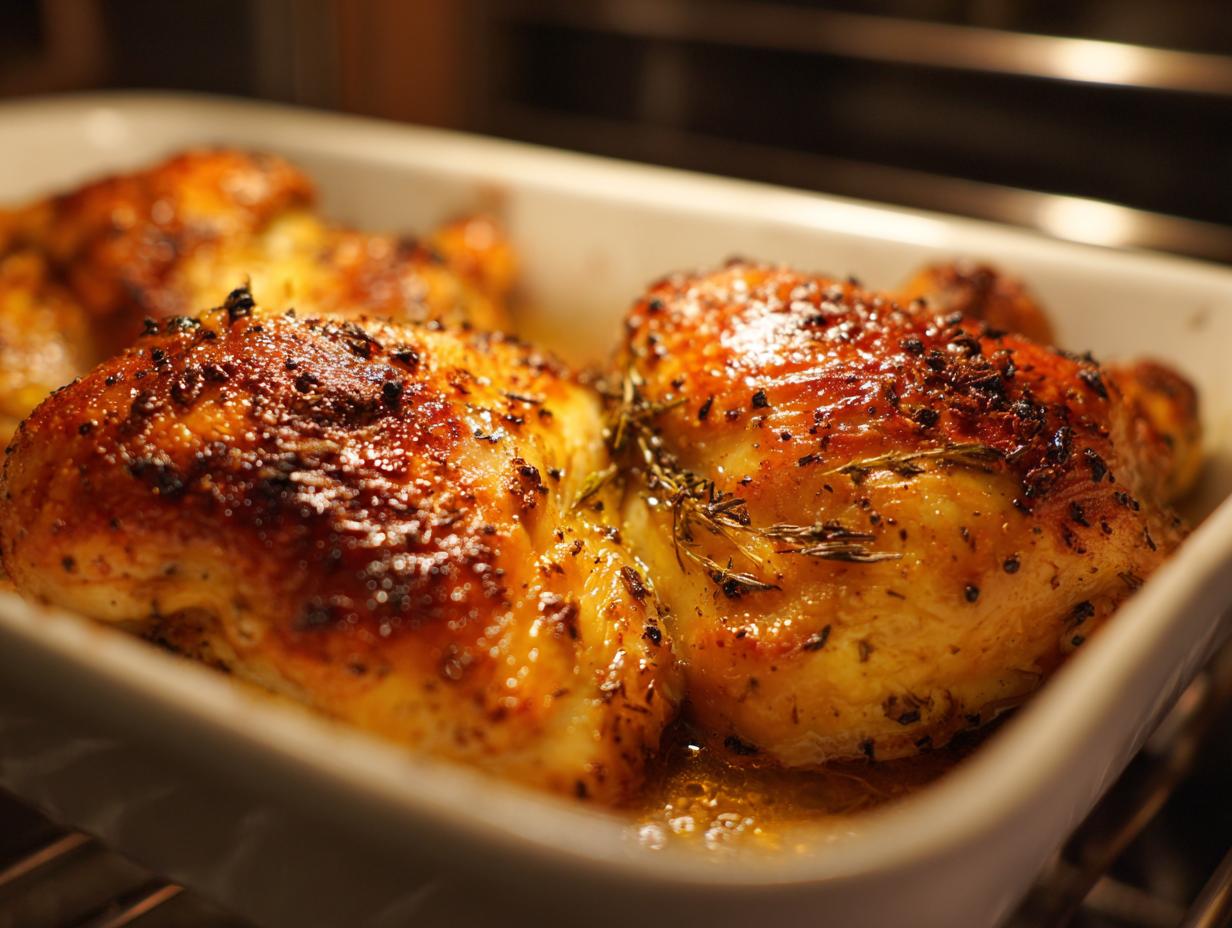 Close-up of perfectly golden-brown baked chicken pieces in a white baking dish, seasoned with herbs.