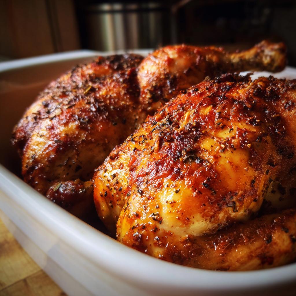 Close-up of a golden-brown, seasoned baked chicken in a white baking dish, showcasing its juicy texture.