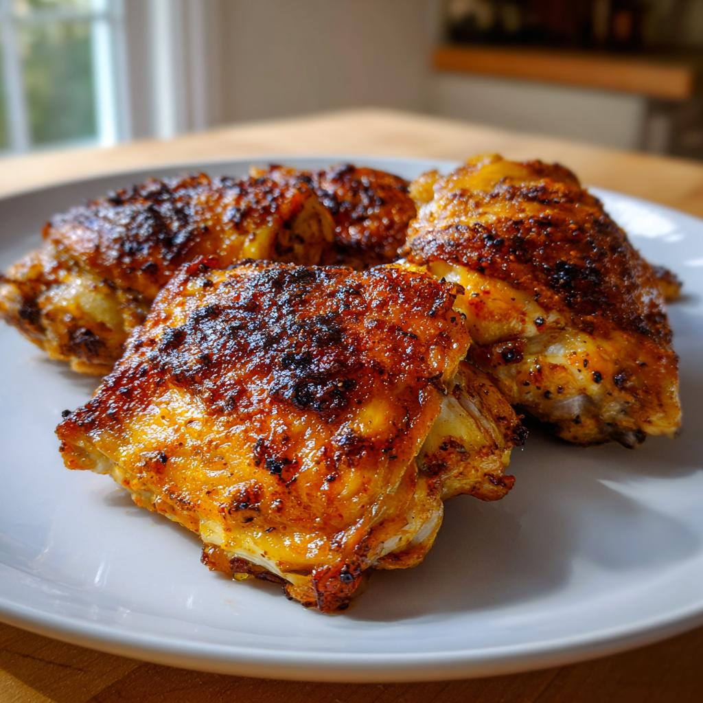 Close-up of three perfectly baked, juicy chicken thighs with crispy skin on a white plate.