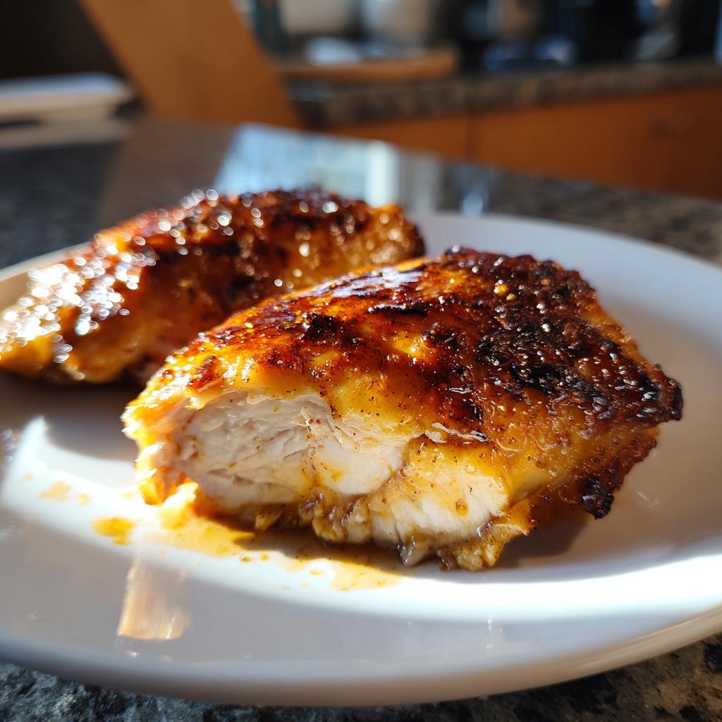 Close-up of two juicy baked chicken thighs with crispy golden skin on a white plate.
