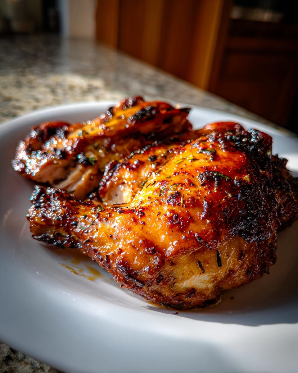 A close-up of juicy baked chicken thighs with a crispy seasoned skin on a white plate.