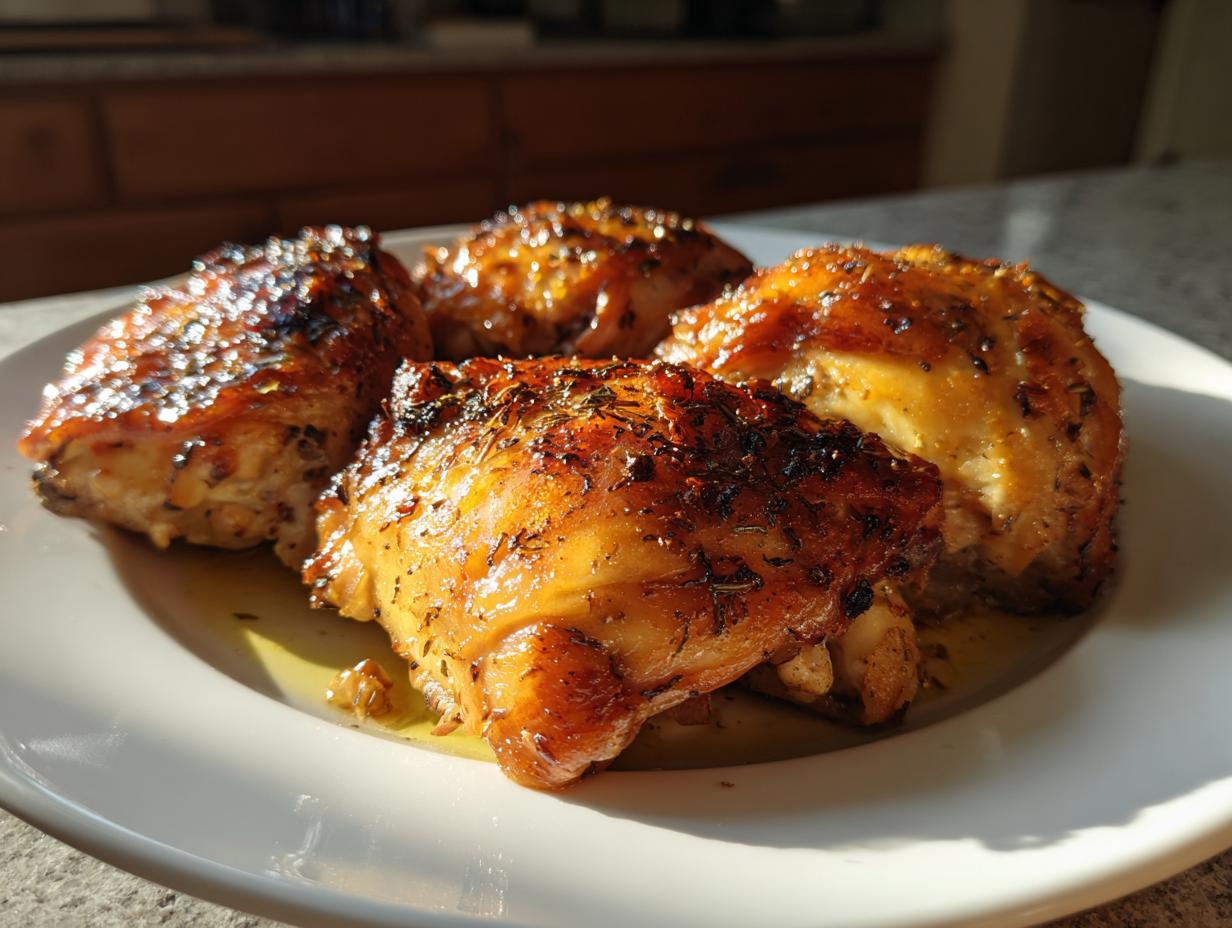 Close-up of four juicy baked chicken thighs, glistening with a glaze and sprinkled with herbs.