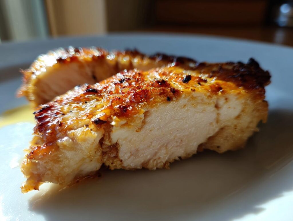 Close-up of a juicy, perfectly cooked chicken breast with golden seasoning on a white plate