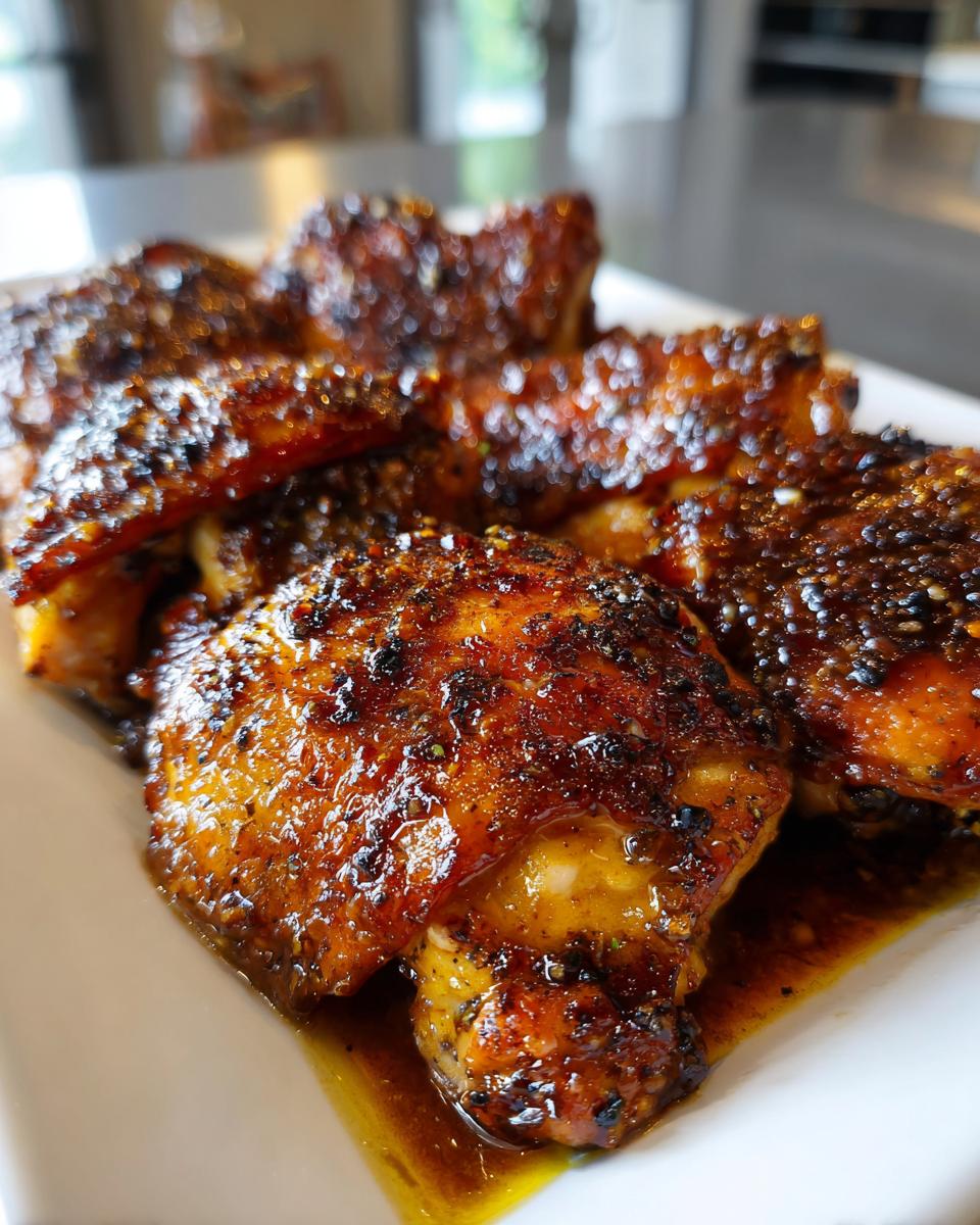 Close-up of juicy garlic butter chicken thighs, glistening with sauce and seasoned with herbs.