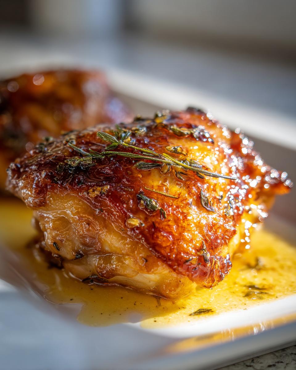 Close-up of juicy garlic butter chicken thighs, glistening with sauce and herbs.