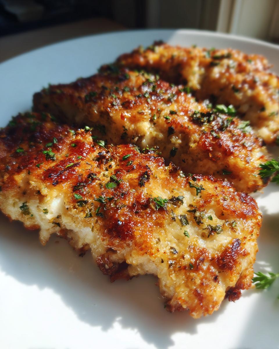 Close-up of juicy garlic parmesan chicken breast dinner garnished with herbs on a white plate.