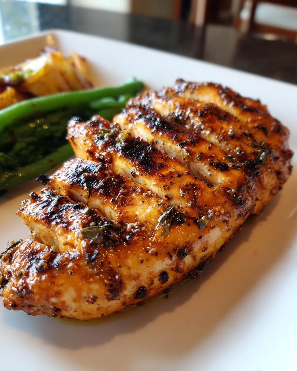Grilled chicken breast seasoned with herbs and spices served with asparagus and roasted potatoes