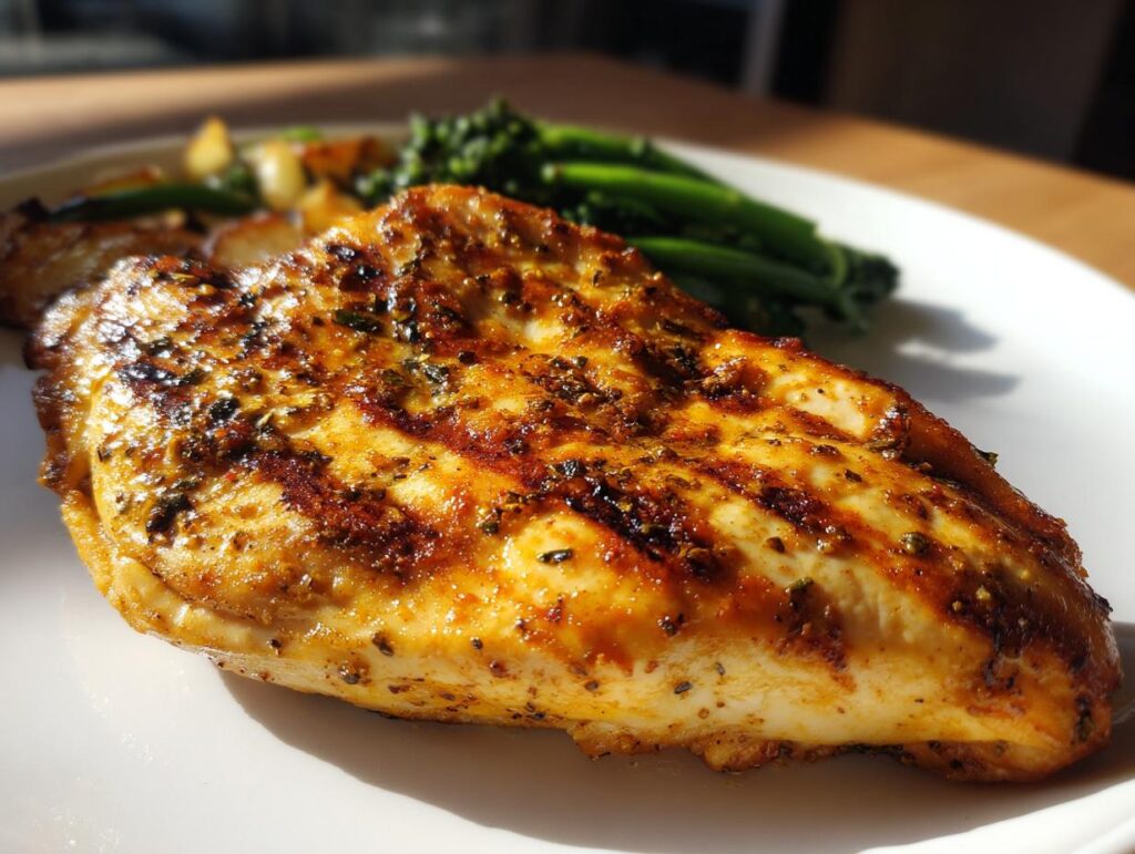 Close-up of juicy grilled chicken breast seasoned with herbs served with green vegetables