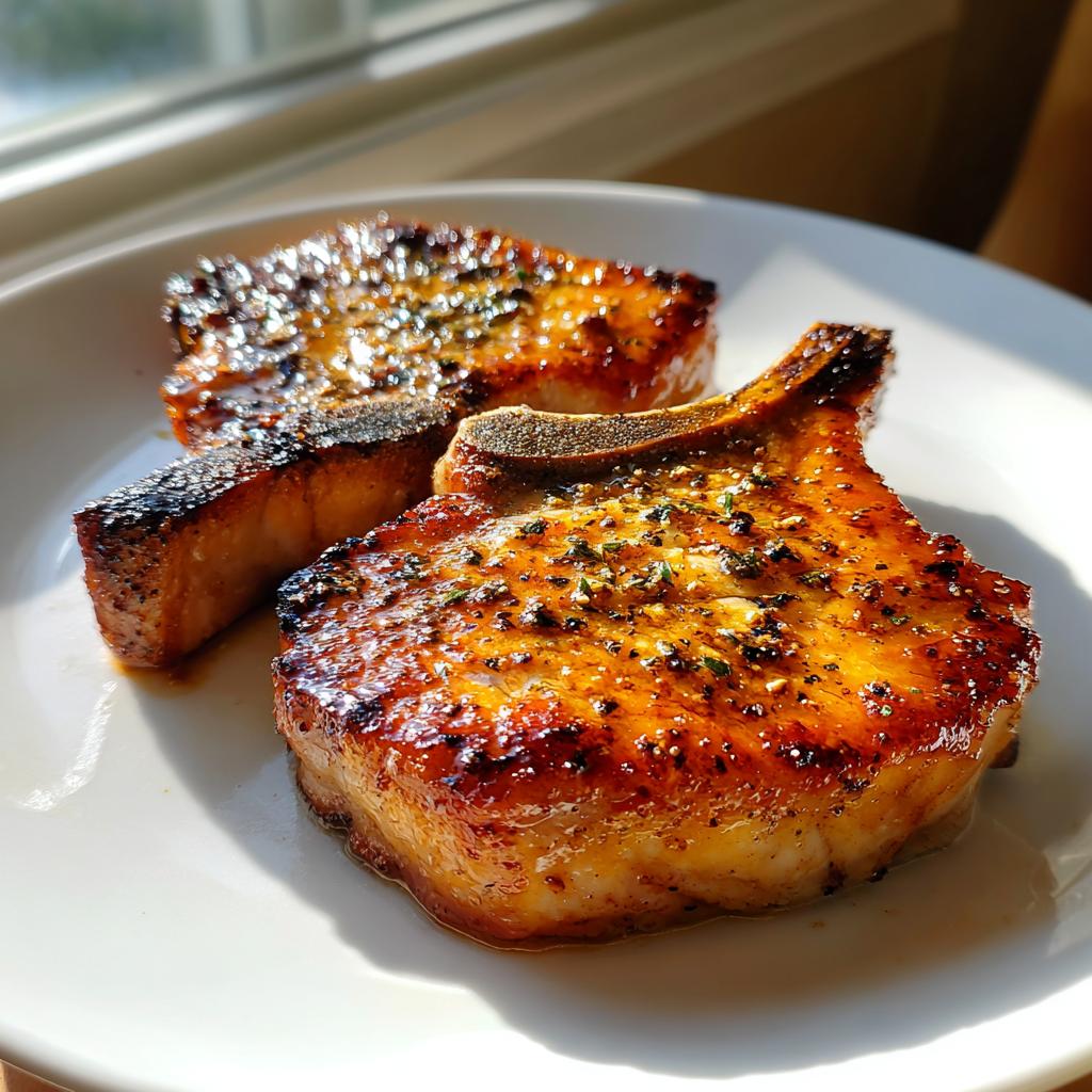 Two juicy grilled pork chops seasoned and served on a white plate.