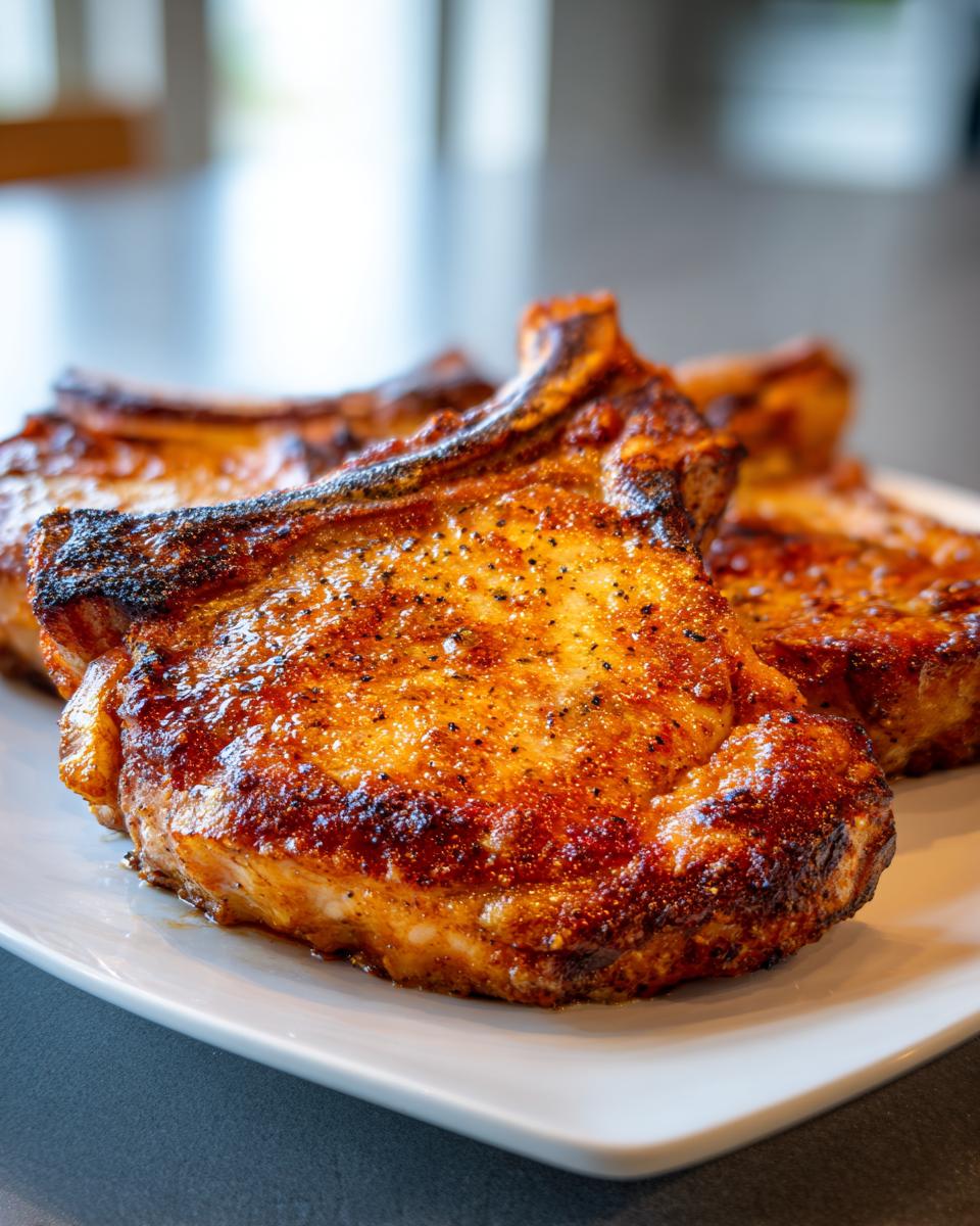 Close-up of juicy grilled pork chops seasoned with spices on a white plate.