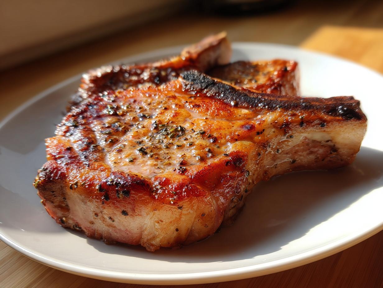 Close-up of juicy grilled pork chops seasoned with pepper on a white plate.