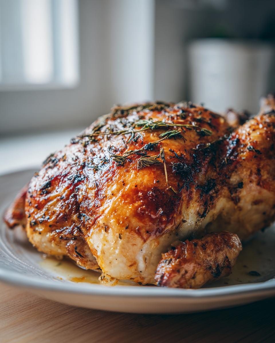 Close-up of a juicy roasted chicken with herbs on a plate