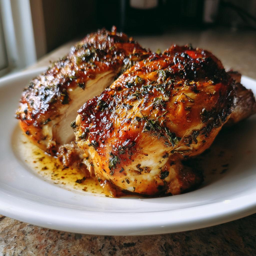 Close-up of juicy roasted chicken seasoned with herbs on a white plate.