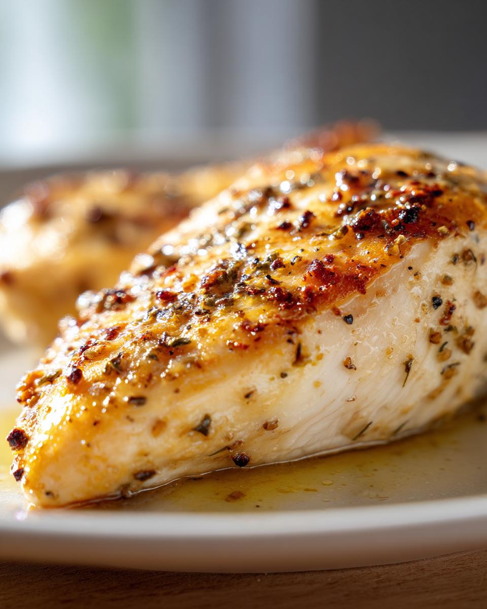 Close-up of juicy herb-seasoned chicken breast cooked with a golden crust.