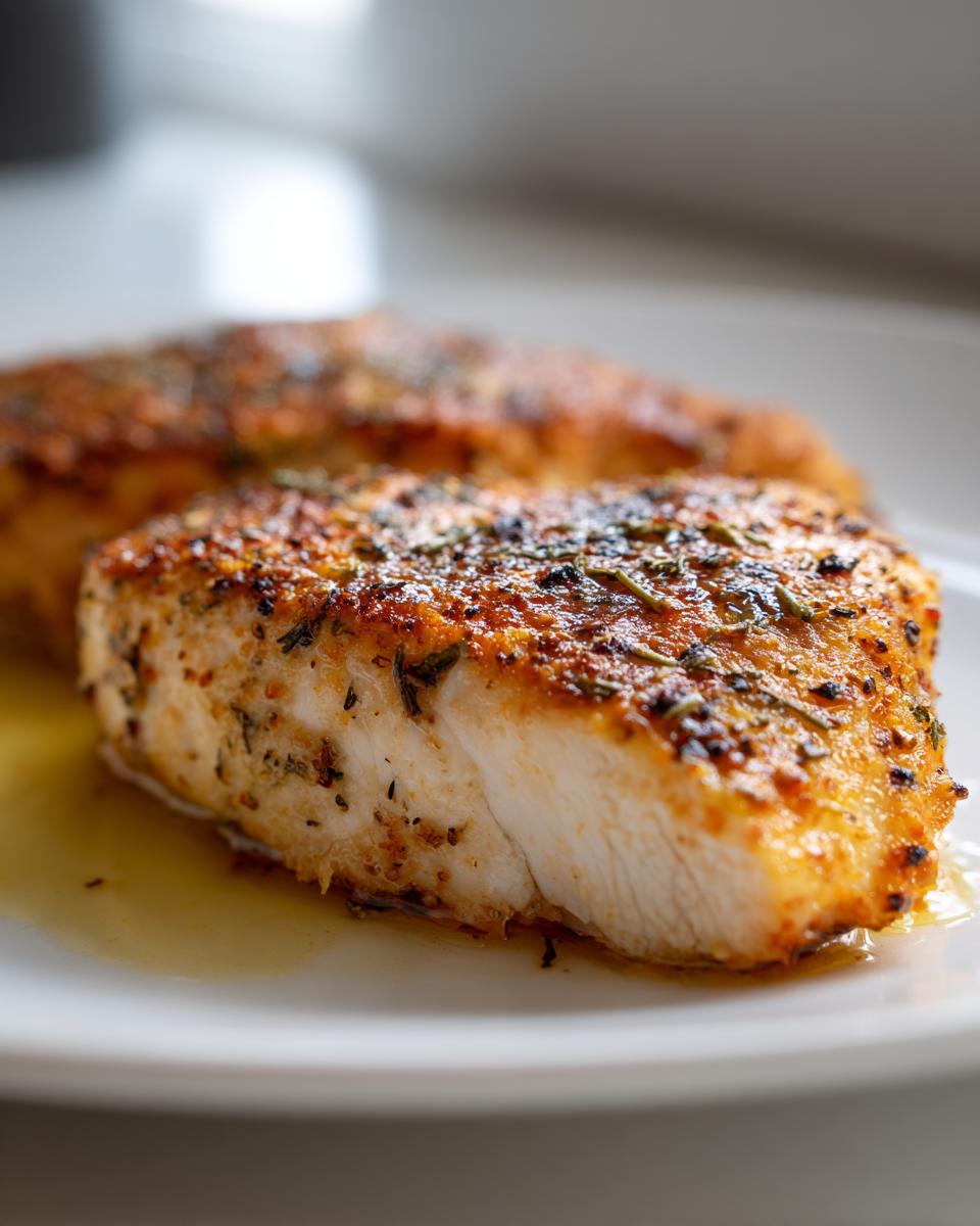 Close-up of juicy herb-seasoned chicken breast cooked to perfection on a white plate.