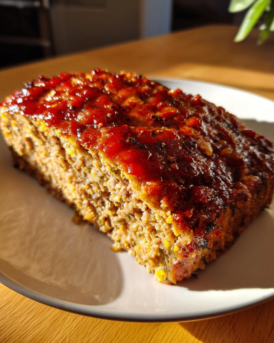 A slice of juicy meatloaf recipe topped with a glossy glaze, served on a plate.