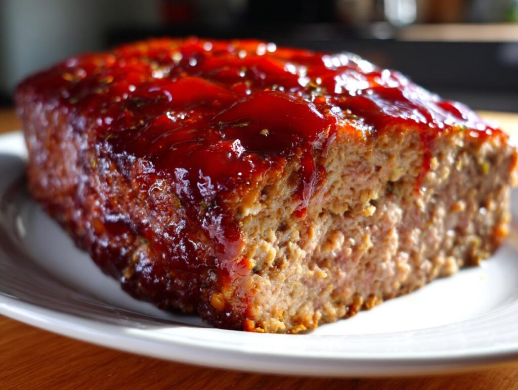 Close-up of a slice of juicy meatloaf recipe topped with a glistening red glaze.