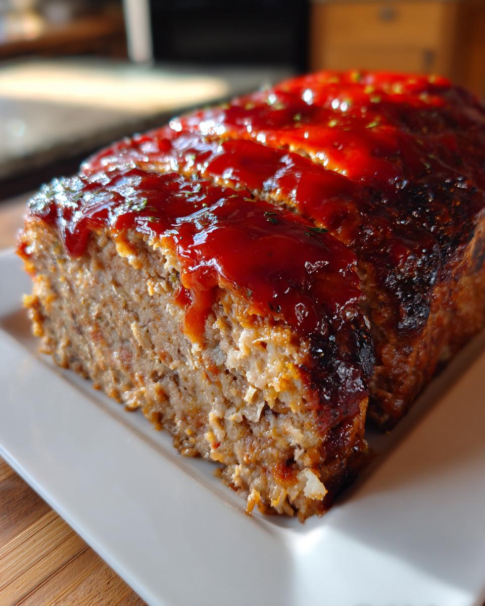 A close-up of a slice of juicy meatloaf recipe topped with a glossy red glaze and herbs.