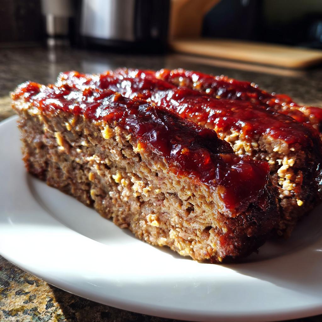 Close-up of a juicy meatloaf recipe slice on a white plate, topped with a glossy red glaze.